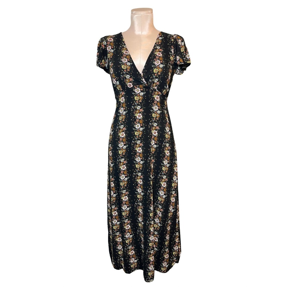 Forever 21 Midaxi Dress Black Floral V-Neck Tie Back Short Flutter Sleeve Medium
